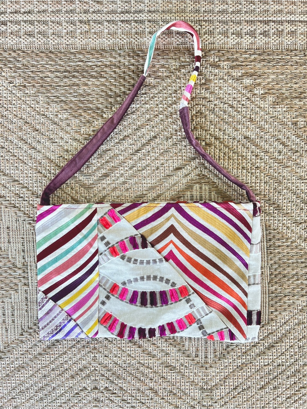 Handmade Multicolor Striped Embroidered Textured Boho Women’s Shoulder Bag